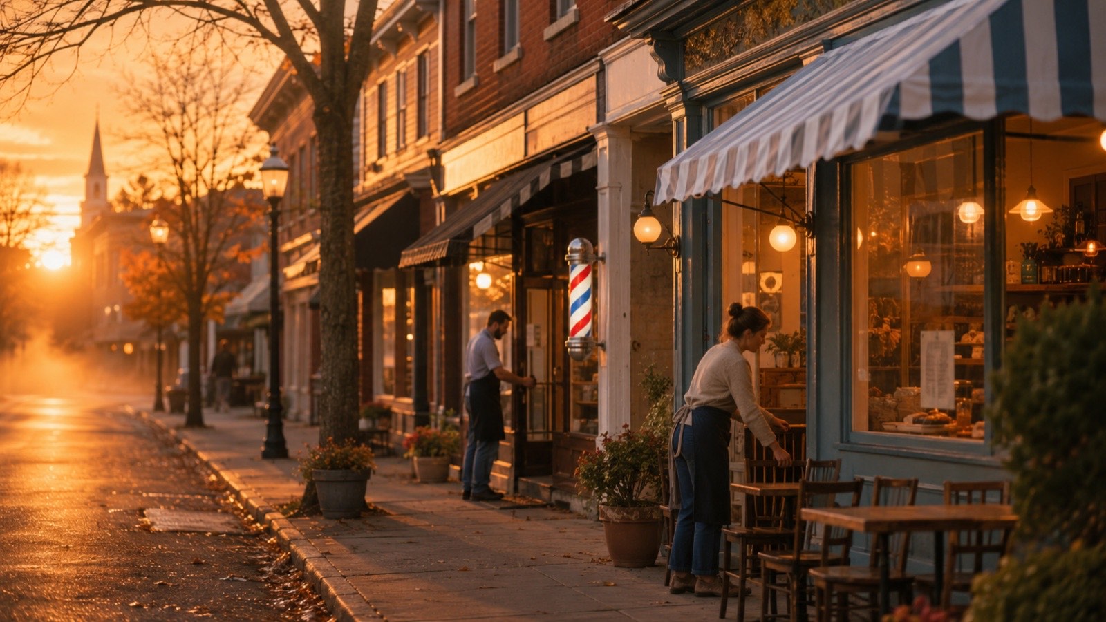 A small-town main street at golden-hour sunrise, local shops opening for the day